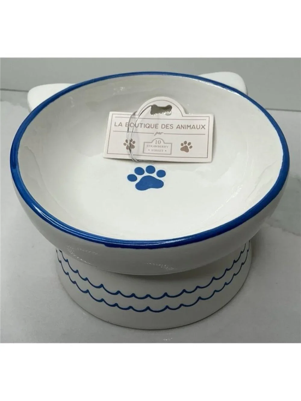 10 Strawberry Street Ears Up Elevated Cat Bowl, White Blue, 7-oz New